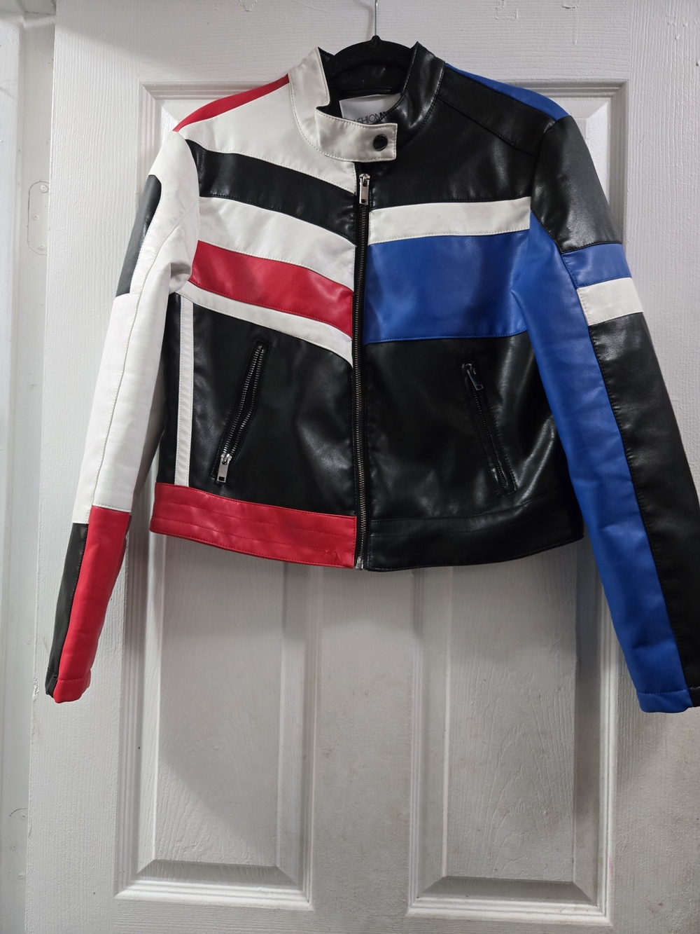 Fashion Nova Black, White, Red & Blue Colorblock Faux Leather Moto Jacket